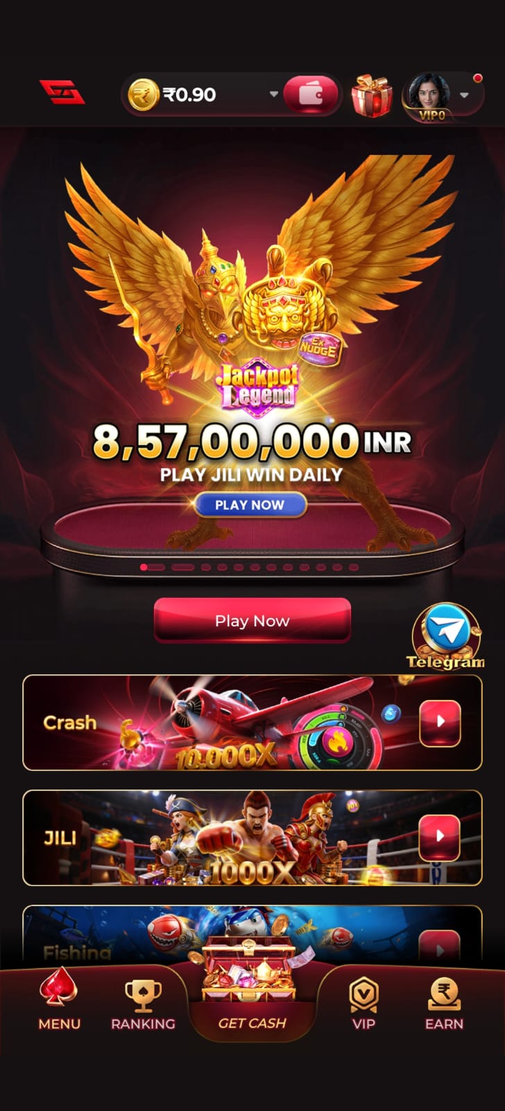 JILI gaming app home screen featuring Jackpot Legend, crash game, fishing game, VIP menu, and reward options.